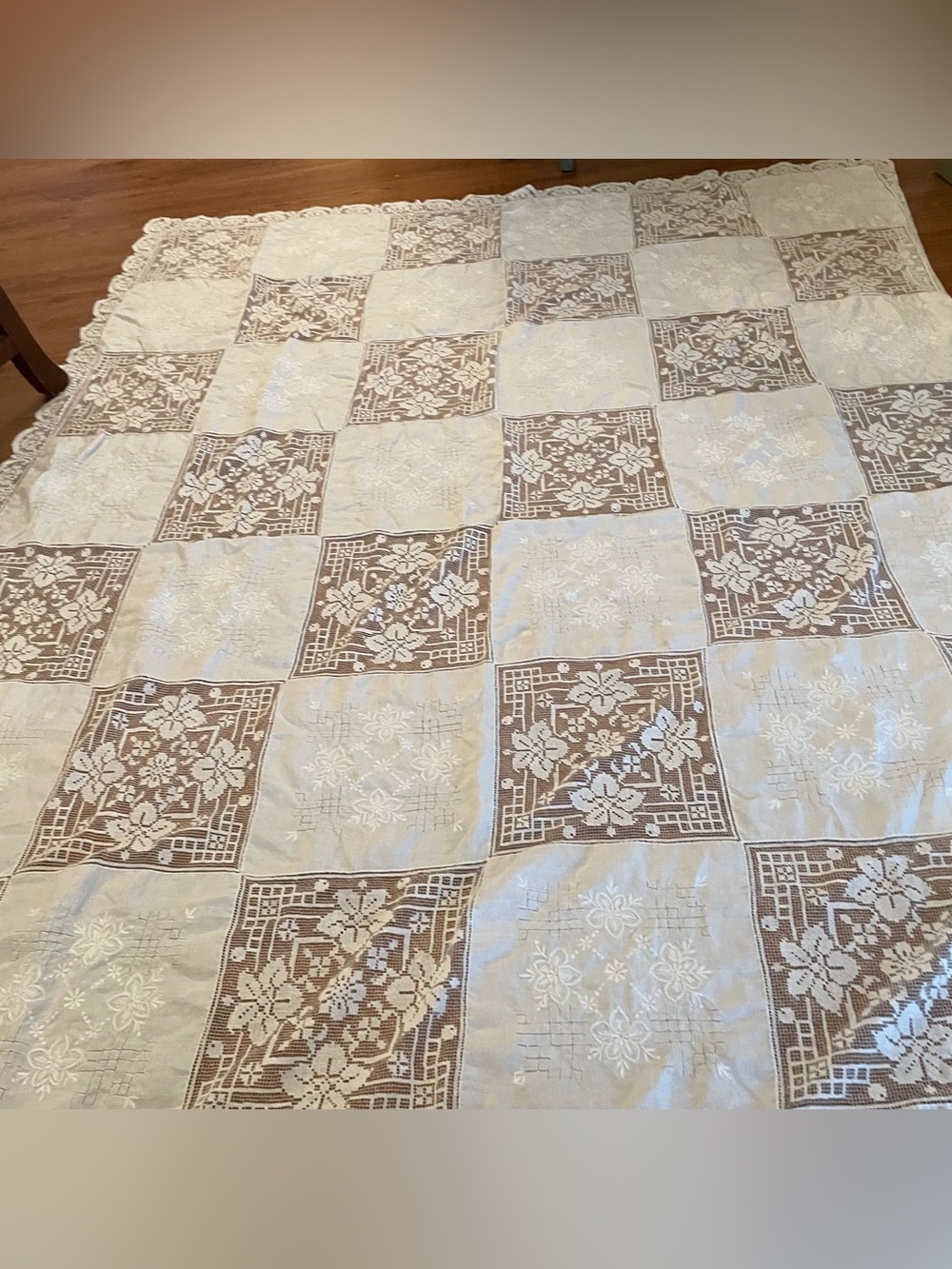 Vintage Battenburg And Lace Patchwork Tablecloth White 86x66 Cottage Core